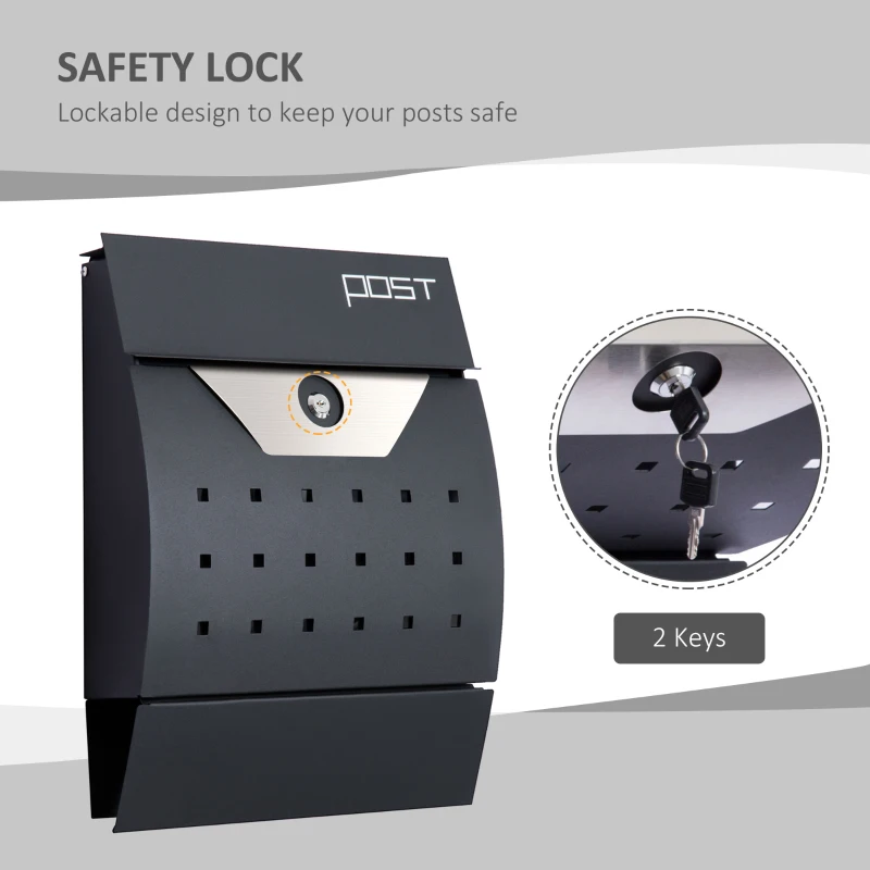 HOMCOM Steel Wall Mounted Mail Box Post Letter Newspaper Holder Outdoor Lockable with Waterproof  Lid -  Black
