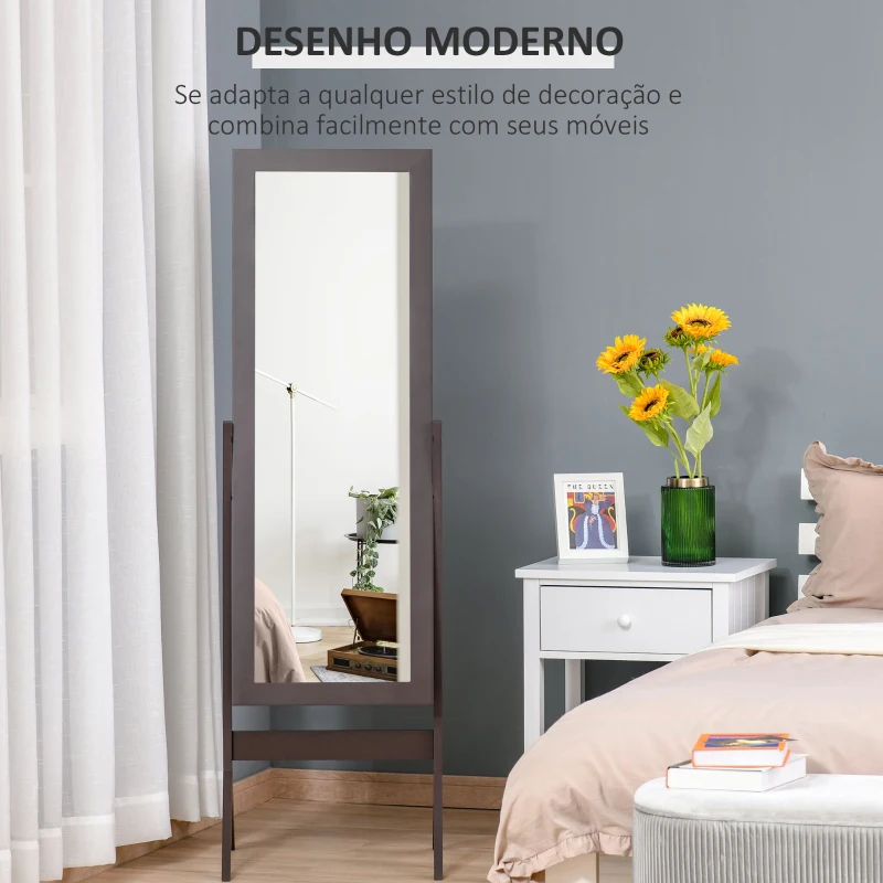 HOMCOM Espelho de Pé para Maquilhagem Reclinável com Estrutura de Madeira para Dormitório Vestidor 47x46x148 cm Marrom
