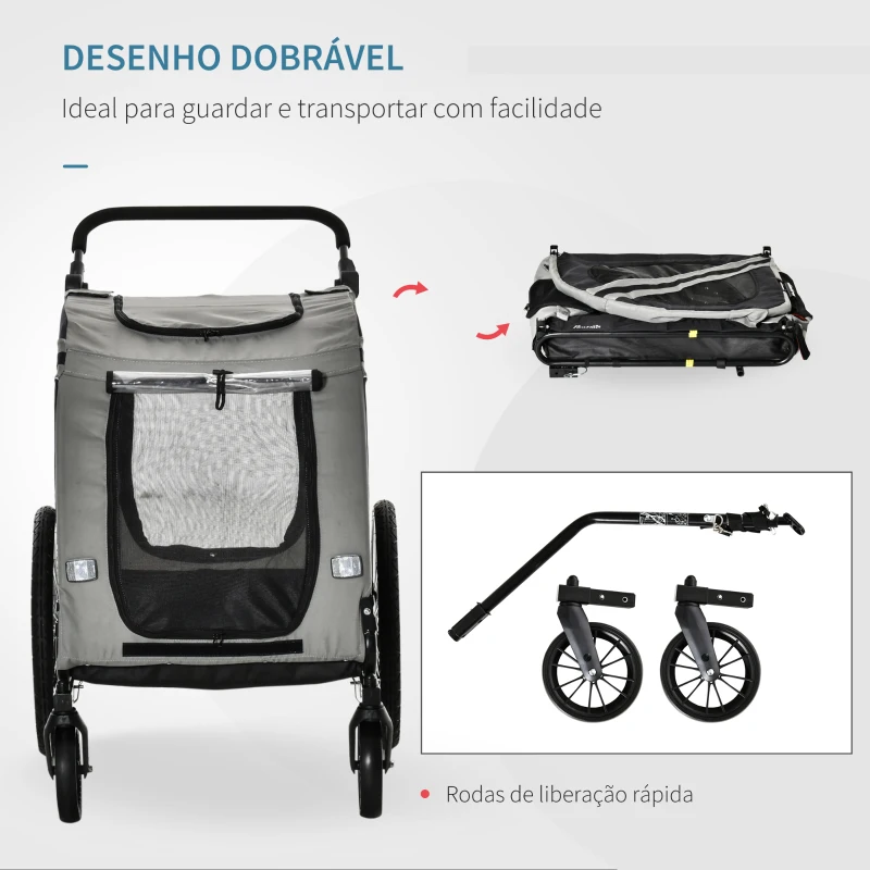 PawHut Reboque de Bicicleta para Cães 2 em 1 Transporte para Animais de Estimação com Porta Enrolável Janelas Cinto de Segurança Bandeira e 6 Refletores 140x72,5x108 cm Cinza