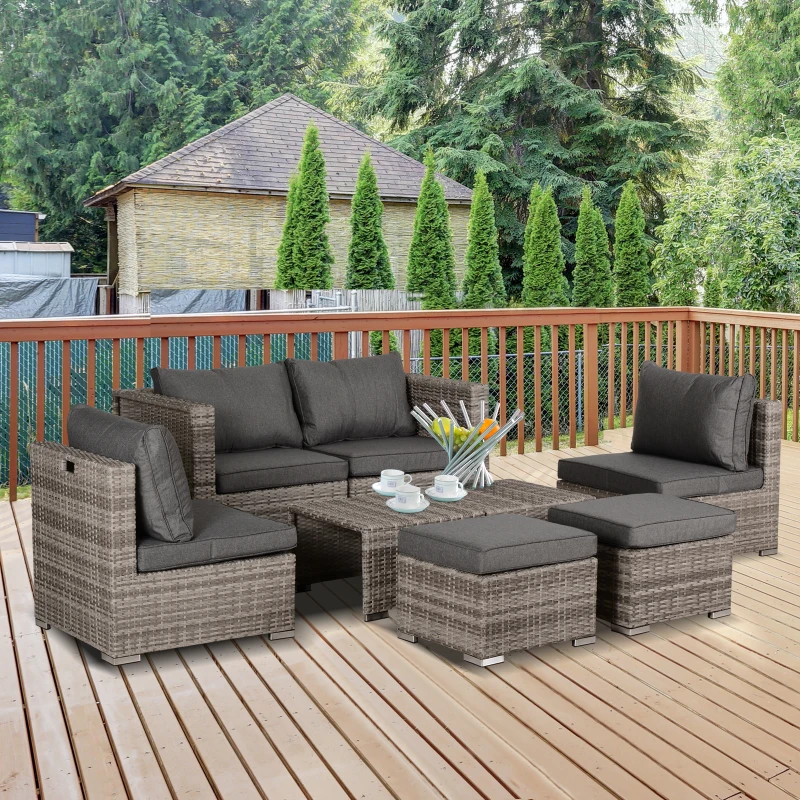 Outsunny 8 Pieces PE Rattan Sofa Set with Cushions, Garden Corner Sofa with 4 Seater Sofa, 2 Footstools and 2 Coffee Table Set, Space-saving Design, No Assembly Required, Grey