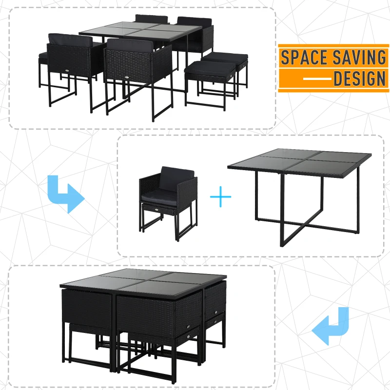 Outsunny 9 PCs Rattan Dining Cube Set Outdoor Patio Furniture PE Rattan Wicker Dining Set w/ 4 Armchair,4 Foot Stool,Grey Cushion