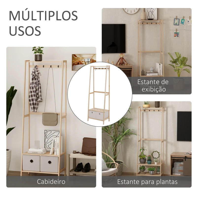 HOMCOM Suporte para Cabides de Madeira 2 Prateleiras Cabide com 2 Gavetas de Tecido 4 Ganchos e Barra para Pendurar 58x36x168cm Madeira
