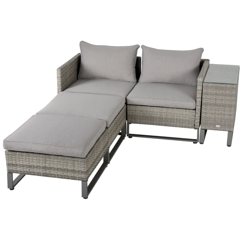 Outsunny 5pcs Patio Rattan Wicker Sofa Set Chaise Lounge Double Sofa Bed Furniture w/ Coffee Table & Footstool for Patios, Garden, Backyard, Grey