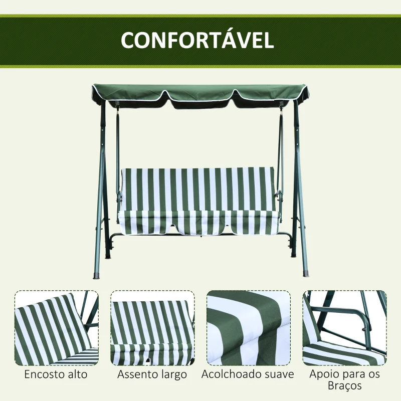 Outsunny Baloiço de Jardim de 3 Lugares com Almofada Toldo Ajustável e Estrutura de Metal para Balcão Terraço Patio Carga Máx. 200kg 172x110x153cm Verde e Branco