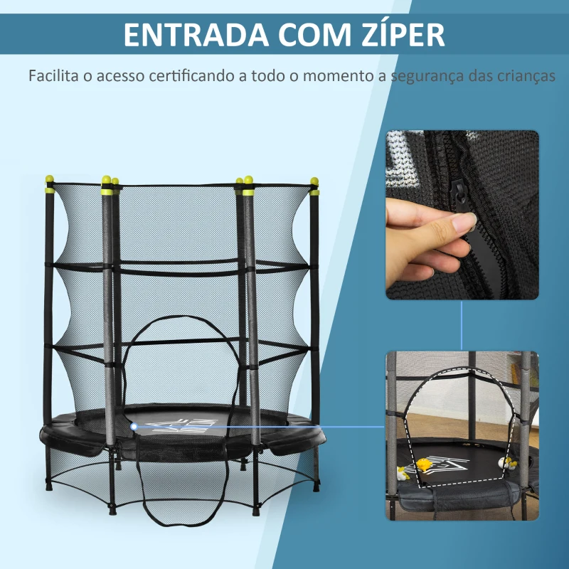 HOMCOM Trampolim para Crianças acima de 3 Anos Cama Elástica Infantil com Rede de Segurança e Estrutura de Aço para Interiores e Exteriores Carga 45kg 140x140x160cm Preto