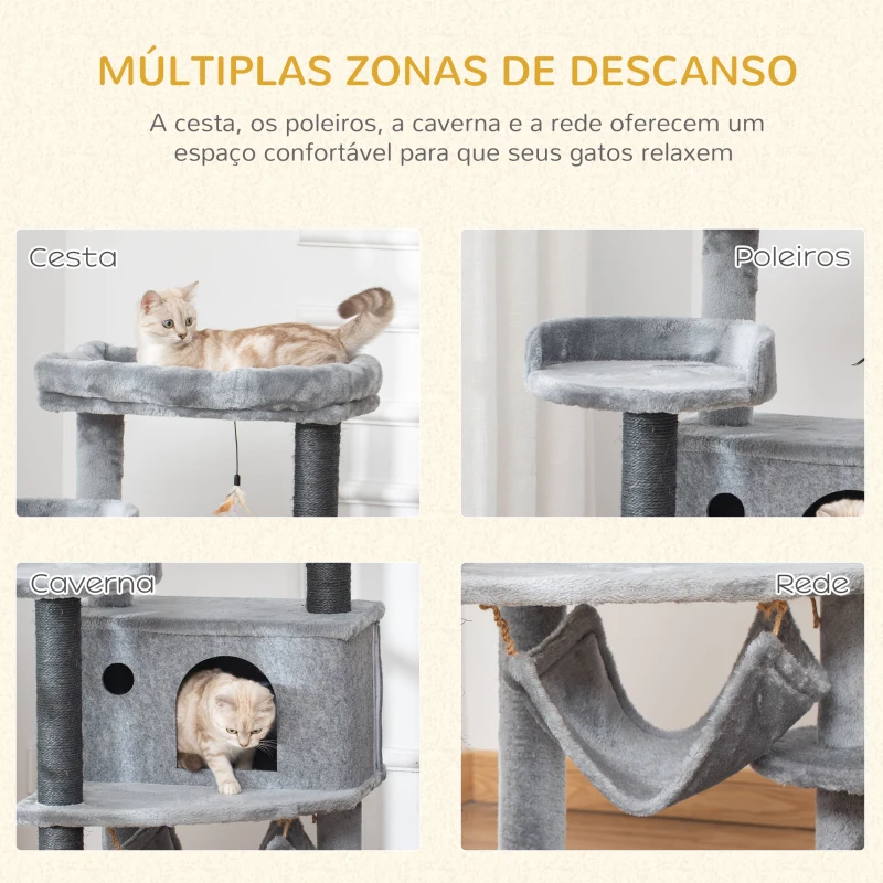 PawHut Árvore Arranhadora para Gatos 48x48x107cm com Caverna de Feltro Desmontável Rede Camas de Felpa Múltiplas Plataformas Poste Arranhador de Sisal e Brinquedos Cinza