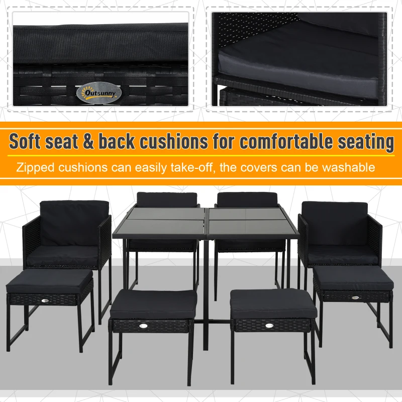 Outsunny 9 PCs Rattan Dining Cube Set Outdoor Patio Furniture PE Rattan Wicker Dining Set w/ 4 Armchair,4 Foot Stool,Grey Cushion