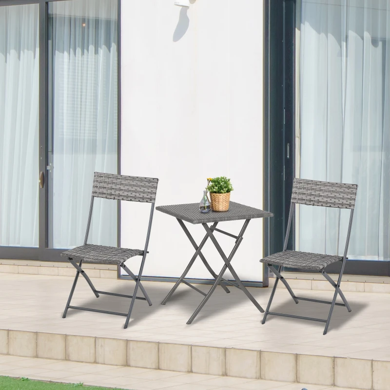Outsunny 2-Seater Chair Bistro Set Garden Patio Table & Chair Black Rattan Furniture Grey