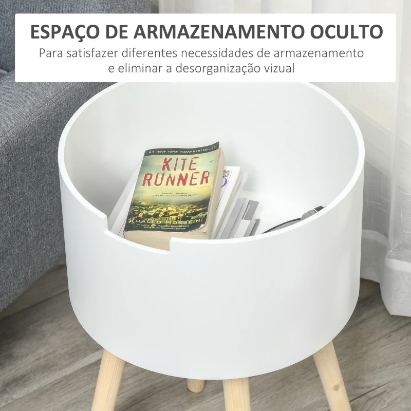 HOMCOM Mesa de Apoio com Tampa Removível Espaço de Armazenamento e Pés de Madeira Ø38x63cm Branco