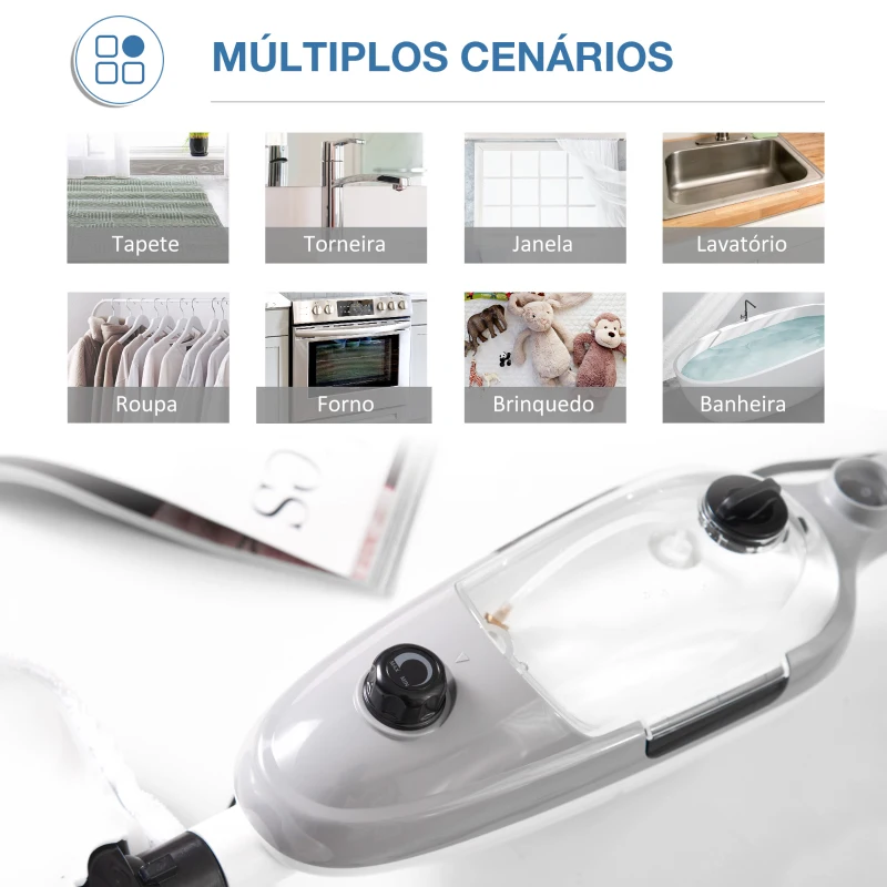 HOMCOM Mopa a Vapor 1300W Limpador a Vapor Multifuncional com Depósito de 450ml e 11 Acessórios Incluídos Aquecimento em 20-30 Segundos 28x21x112cm Cinza e Branco