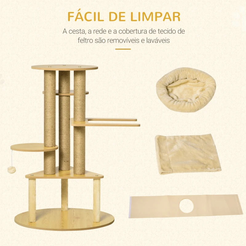 PawHut Árvore Arranhadora para Gatos Ø60x99 cm com Caverna Triangular de Feltro Removível Rede Cama Lavável Postes Arranhador de Juta e Bola Suspensa Bege e Natural