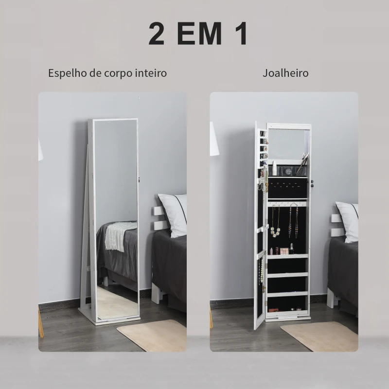 HOMCOM Joalheiro de Pé Armário para Joias com 6 Luzes LED Fechadura Organizador de Joias com Prateleiras Suportes para Anéis 38x38x157cm Branco