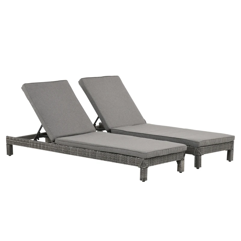 Outsunny 2 Seater Rattan Sun Lounger Set w/ Adjustable Steel Frame-Grey