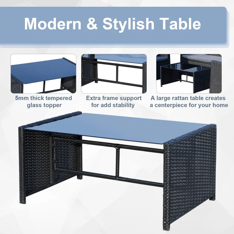 Outsunny 4 Pieces PE Rattan Garden Sofa Set with Cushions, Outdoor Patio Wicker Weave Conservatory Furniture Set with a Loveseat, 2 Armchairs and a Glass Top Coffee Table, Black