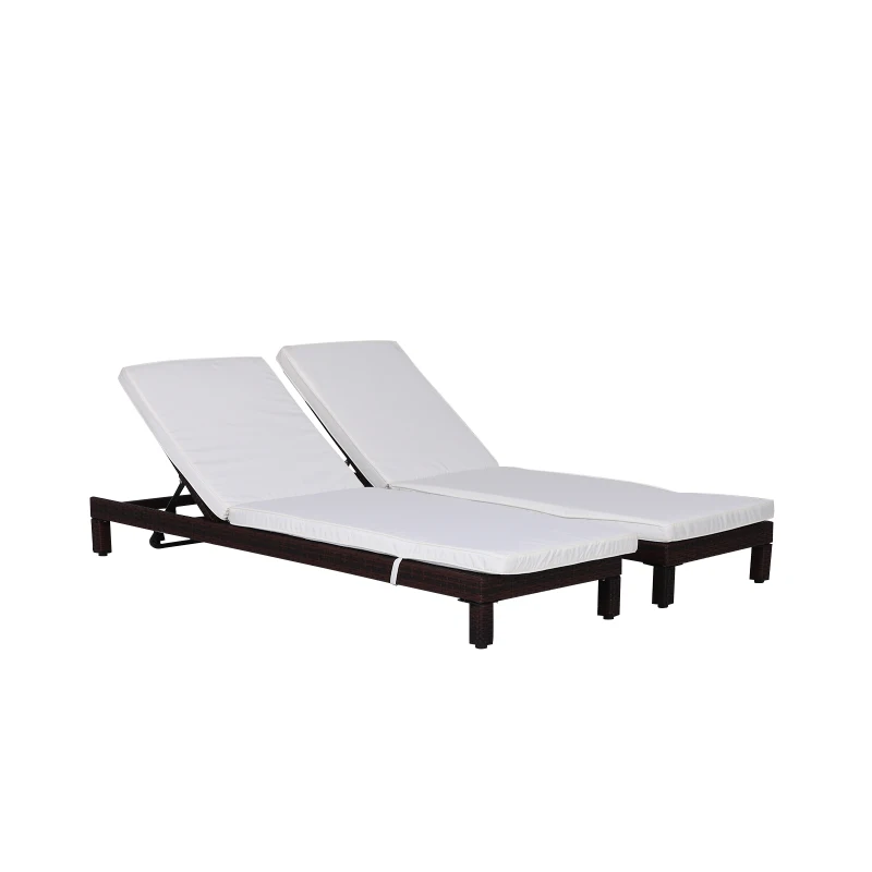 Outsunny 2 Seater Rattan Sun Lounger Set, Steel Frame-Brown/Cream White
