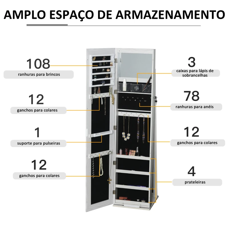 HOMCOM Joalheiro de Pé Armário para Joias com 6 Luzes LED Fechadura Organizador de Joias com Prateleiras Suportes para Anéis 38x38x157cm Branco