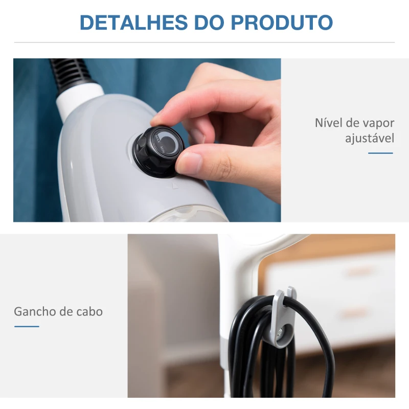 HOMCOM Mopa a Vapor 1300W Limpador a Vapor Multifuncional com Depósito de 450ml e 11 Acessórios Incluídos Aquecimento em 20-30 Segundos 28x21x112cm Cinza e Branco