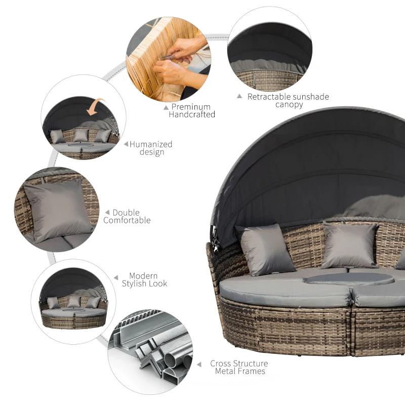 Outsunny Five-Piece Rattan Garden Bed, with Canopy - Mixed Grey