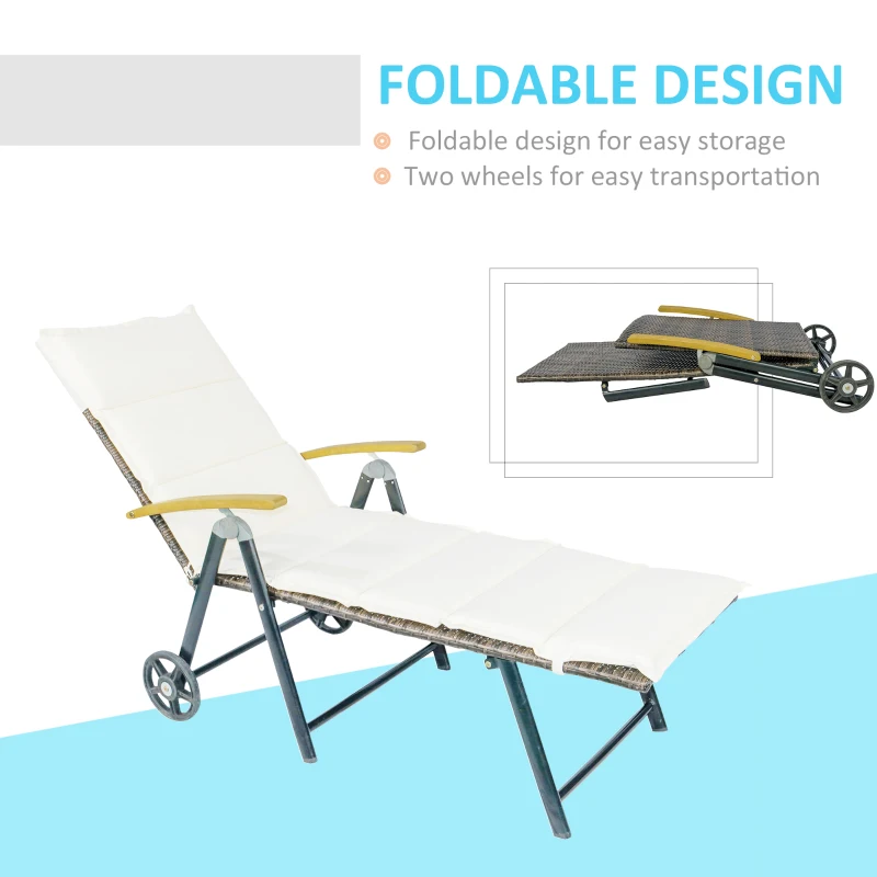 Outsunny Outdoor Rattan Wicker Sun Lounger Adjustable Backrest Foldable Chaise Lounge Relaxer Patio, Deck, Poolside