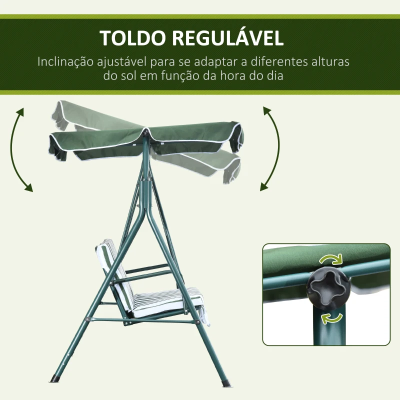 Outsunny Baloiço de Jardim de 3 Lugares com Almofada Toldo Ajustável e Estrutura de Metal para Balcão Terraço Patio Carga Máx. 200kg 172x110x153cm Verde e Branco