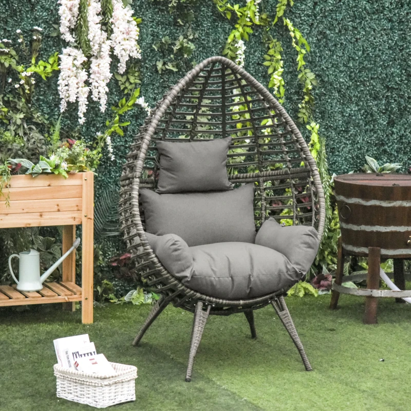 Outsunny Teardop PE Wicker Rattan Chair w/ Thick Cushions 4 Legs Outdoor Seat Egg Garden