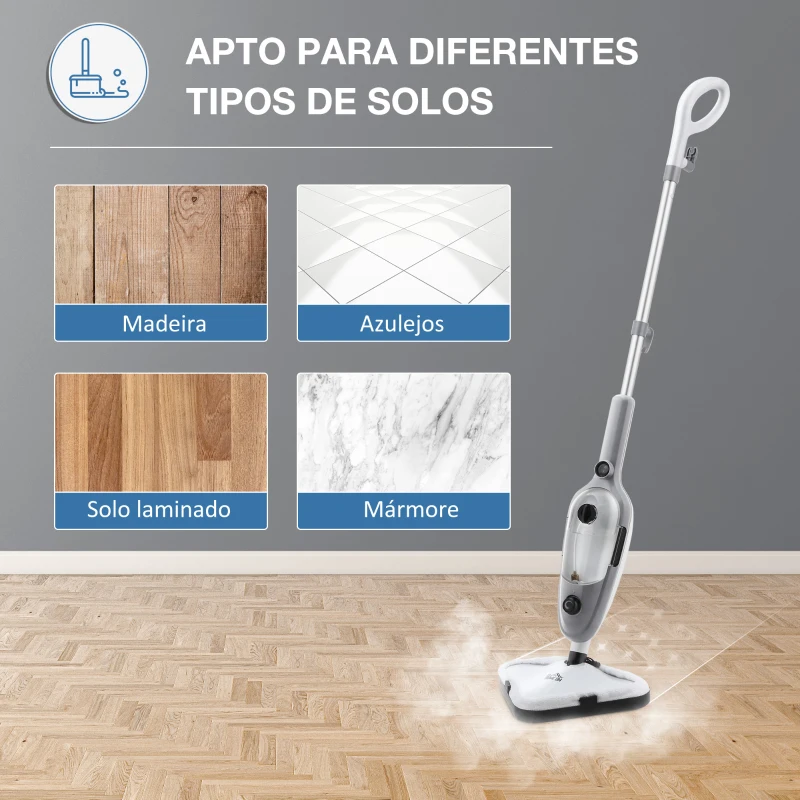 HOMCOM Mopa a Vapor 1300W Limpador a Vapor Multifuncional com Depósito de 450ml e 11 Acessórios Incluídos Aquecimento em 20-30 Segundos 28x21x112cm Cinza e Branco