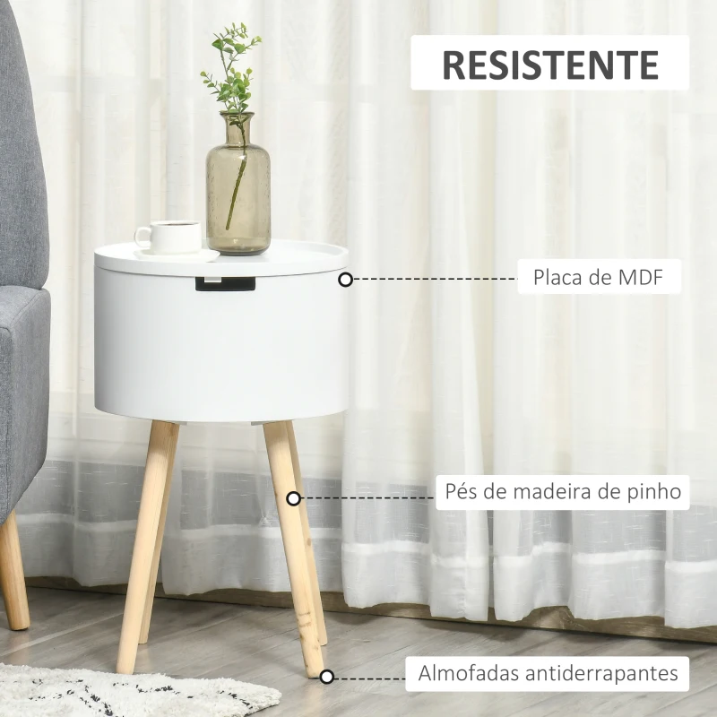 HOMCOM Mesa de Apoio com Tampa Removível Espaço de Armazenamento e Pés de Madeira Ø38x63cm Branco