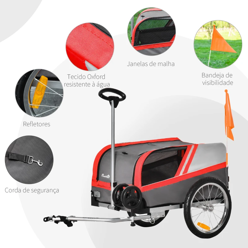 PawHut Reboque de Bicicleta para Cães 2 em 1 Carrinho para Animais de Estimação com Porta Enrolável Cinto de Segurança Bandeira e Refletores 130x64x97cm Vermelho e Cinza