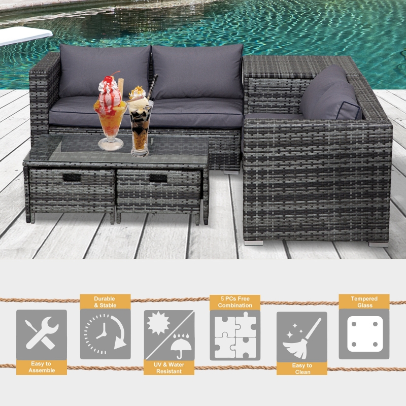 Outsunny 4 Seater Rattan Wicker Garden Furniture Patio Sofa Storage Table Set W 2 Drawers Cushions Corner Trunk Coffee Mixed Grey Aosom Uk Garden Furniture Patio Sofa Storage, 4 Seat Grey Rattan Corner Sofa With Storage And Coffee Table