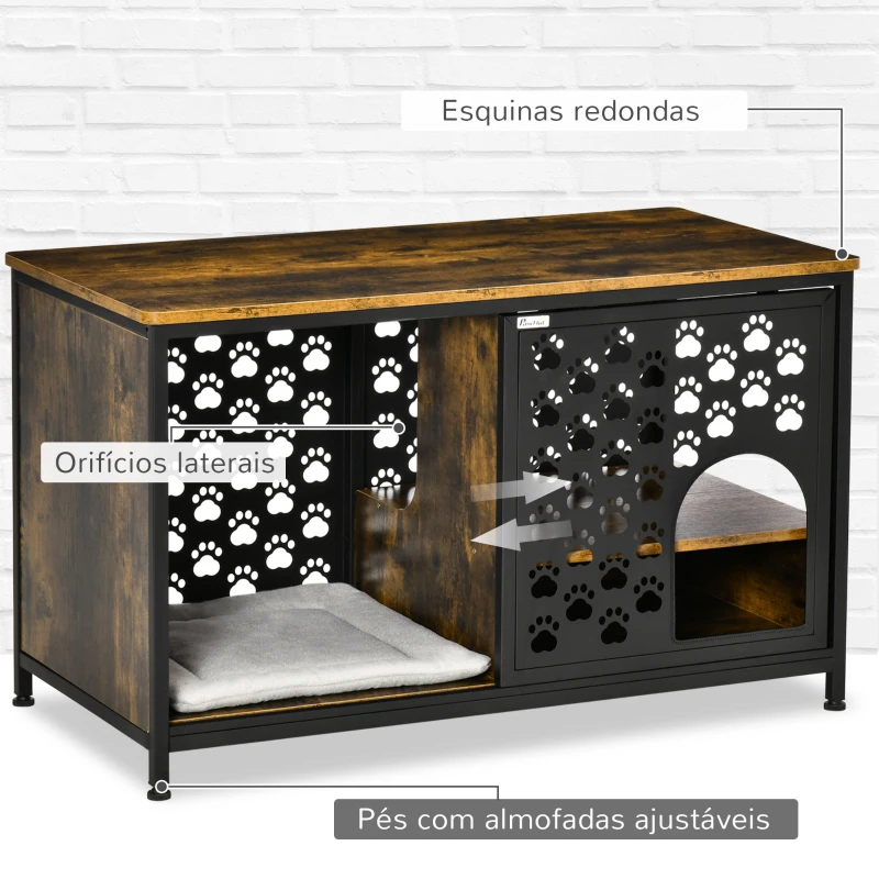 PawHut Casa para Gatos de Madeira com Mesa Superior e Prateleiras de Armazenamento e Caverna Cama para Gatos com Almofada Lavável e Porta Deslizante Aço 101x52x60cm Marrom Rústico