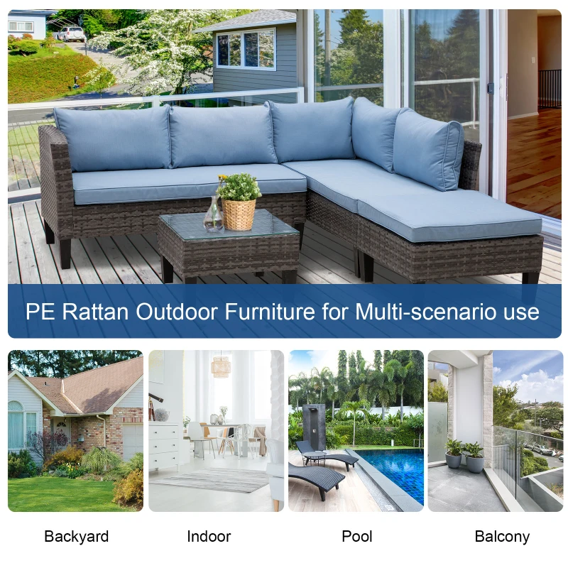 Outsunny 4-Seater Outdoor Garden PE Rattan Furniture Set Blue