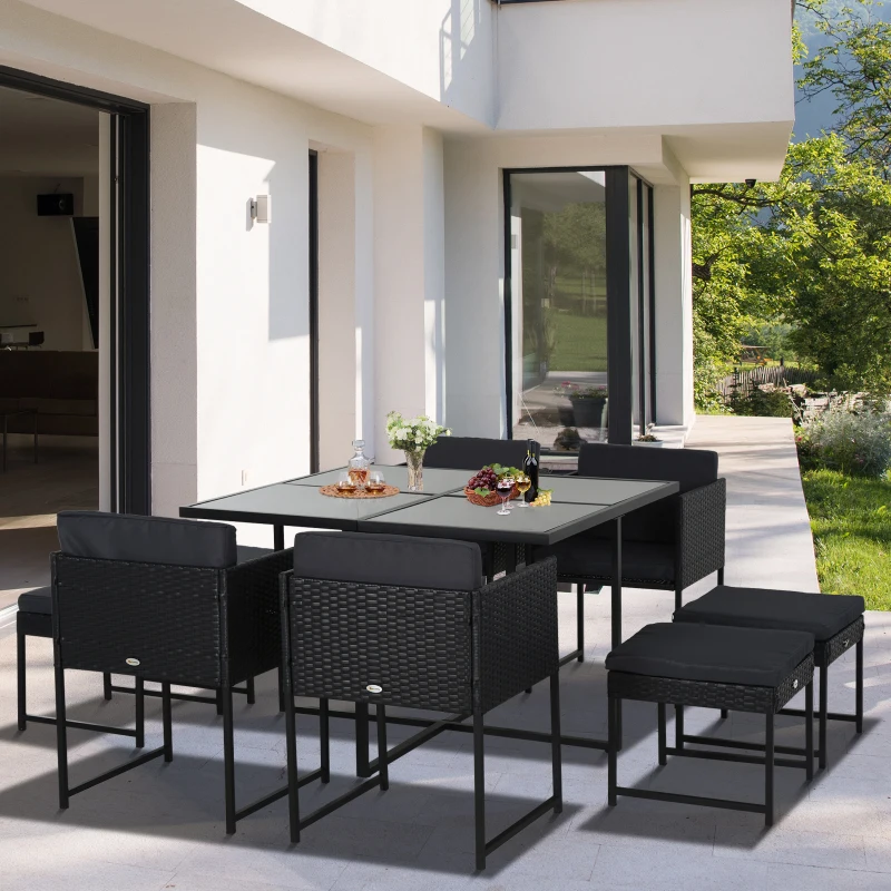 Outsunny 9 PCs Rattan Dining Cube Set Outdoor Patio Furniture PE Rattan Wicker Dining Set w/ 4 Armchair,4 Foot Stool,Grey Cushion