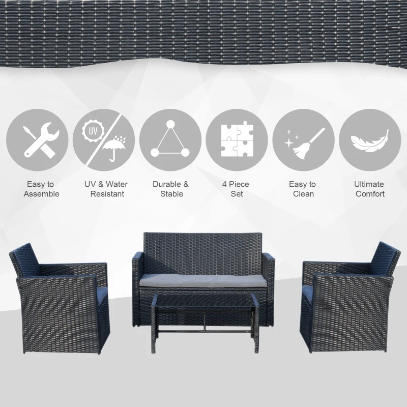 Outsunny 4 Pieces PE Rattan Garden Sofa Set with Cushions, Outdoor Patio Wicker Weave Conservatory Furniture Set with a Loveseat, 2 Armchairs and a Glass Top Coffee Table, Black