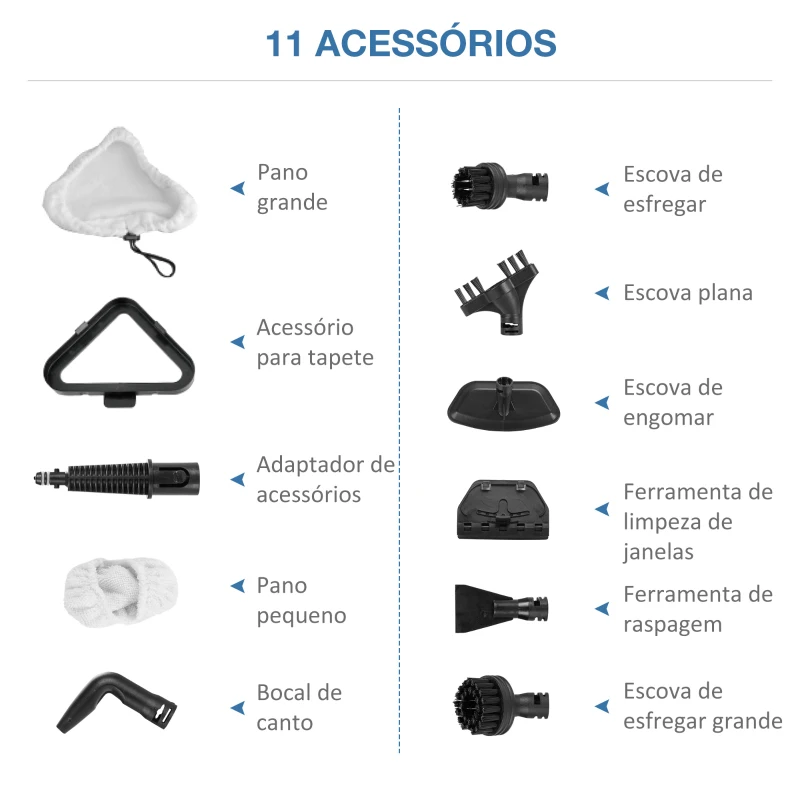HOMCOM Mopa a Vapor 1300W Limpador a Vapor Multifuncional com Depósito de 450ml e 11 Acessórios Incluídos Aquecimento em 20-30 Segundos 28x21x112cm Cinza e Branco