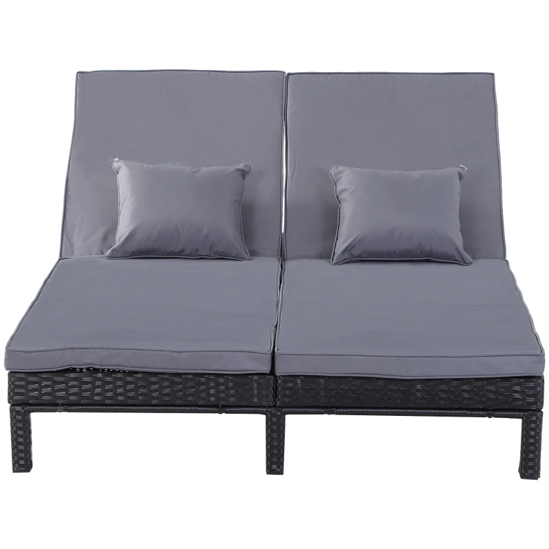 Outsunny 2 Seater Rattan Lounger Adjustable Double Chaise Chair Loveseat w/ Cushion Black