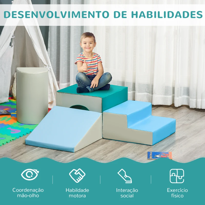 HOMCOM Conjunto de 4 Blocos de Espuma para Crianças de 1-3 Anos Figuras de Construção Brinquedo de Aprendizagem Infantil Estofado em PU 150x50x39cm Multicor