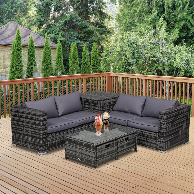 Outsunny 4 Seater Rattan Wicker Garden Furniture Patio Sofa Storage Table Set W 2 Drawers Cushions Corner Trunk Coffee Mixed Grey Aosom Uk Garden Furniture Patio Sofa Storage, 4 Seat Grey Rattan Corner Sofa With Storage And Coffee Table