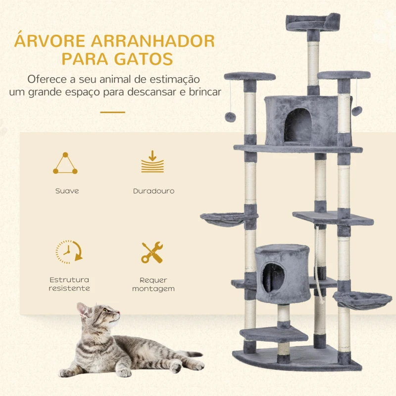 PawHut Árvore Arranhador para Gatos Grande 60x60x200cm com 2 Cavernas 2 Redes Cama Múltiplas Plataformas Postes Arranhadores de Sisal Natural e Bolas de Brinquedo Cinza