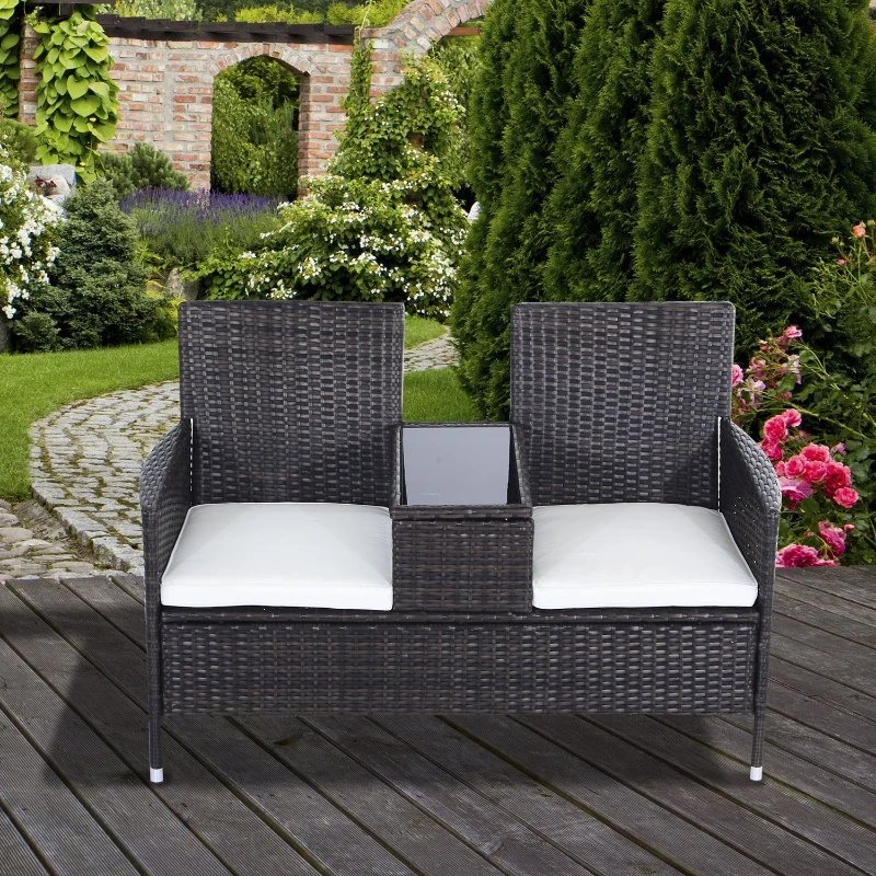 Outsunny 2-Seater Rattan Chair Furniture Set W/ Middle Tea Table-Brown