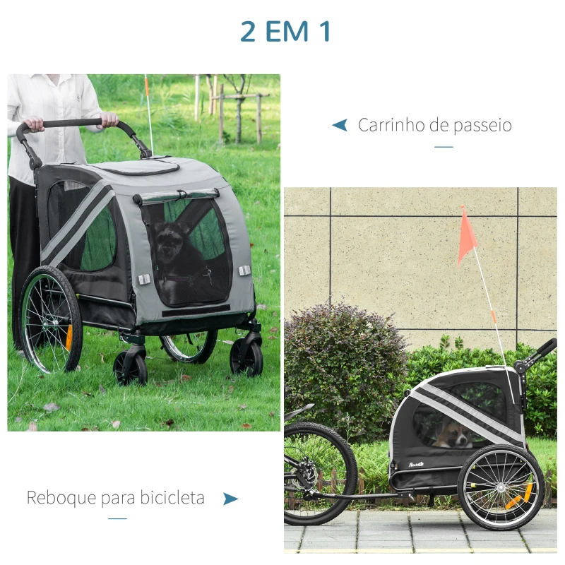 PawHut Reboque de Bicicleta para Cães 2 em 1 Transporte para Animais de Estimação com Porta Enrolável Janelas Cinto de Segurança Bandeira e 6 Refletores 140x72,5x108 cm Cinza