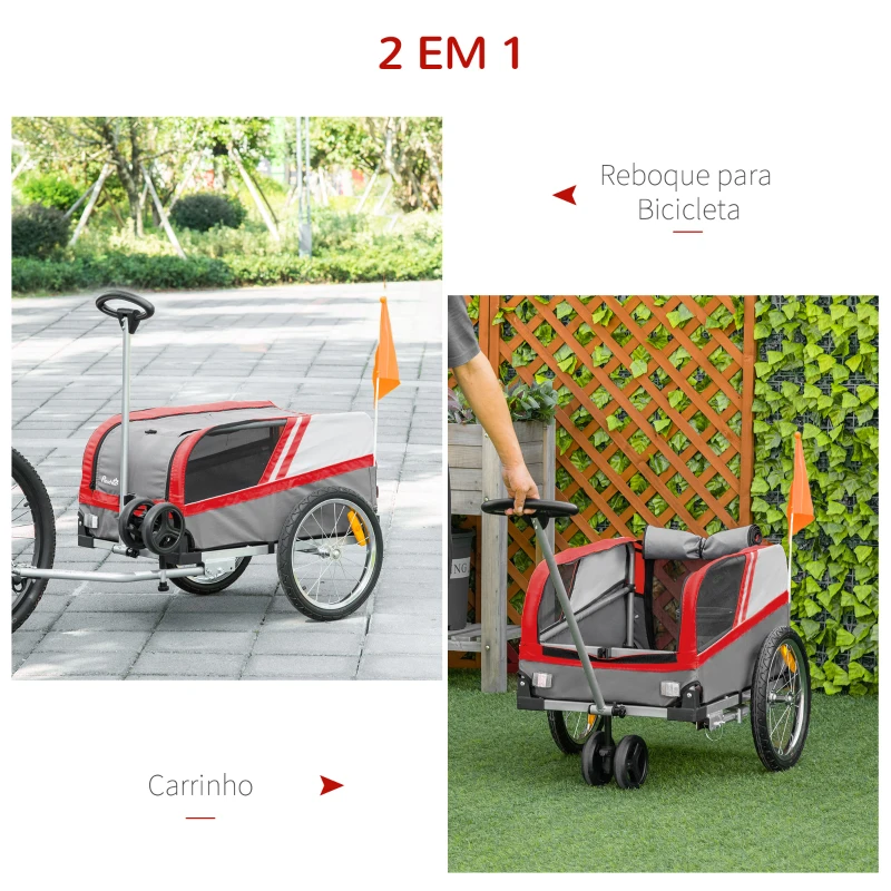PawHut Reboque de Bicicleta para Cães 2 em 1 Carrinho para Animais de Estimação com Porta Enrolável Cinto de Segurança Bandeira e Refletores 130x64x97cm Vermelho e Cinza