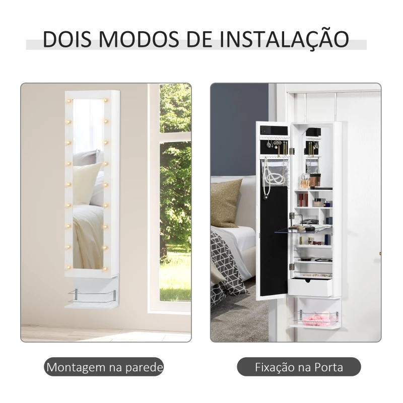 HOMCOM Espelho com Móvel de Bijuterias de Parede ou Porta Armário Guarda Jóias com 18 Luzes LED Altura Ajustável e Prateleira Aberta Organizador de Jóias 31,7x13,4x130cm Branco
