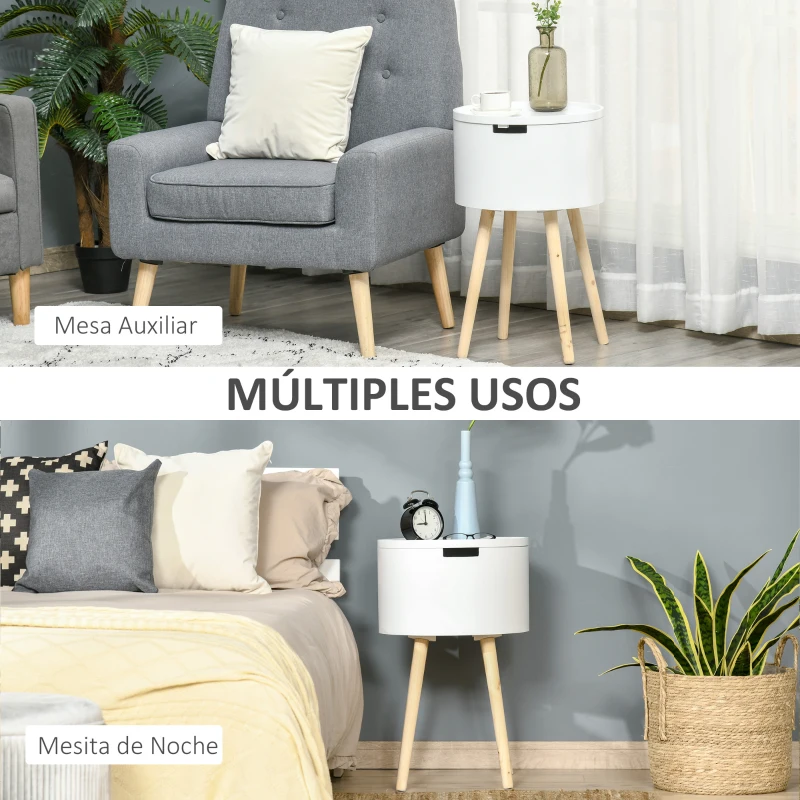 HOMCOM Mesa de Apoio com Tampa Removível Espaço de Armazenamento e Pés de Madeira Ø38x63cm Branco