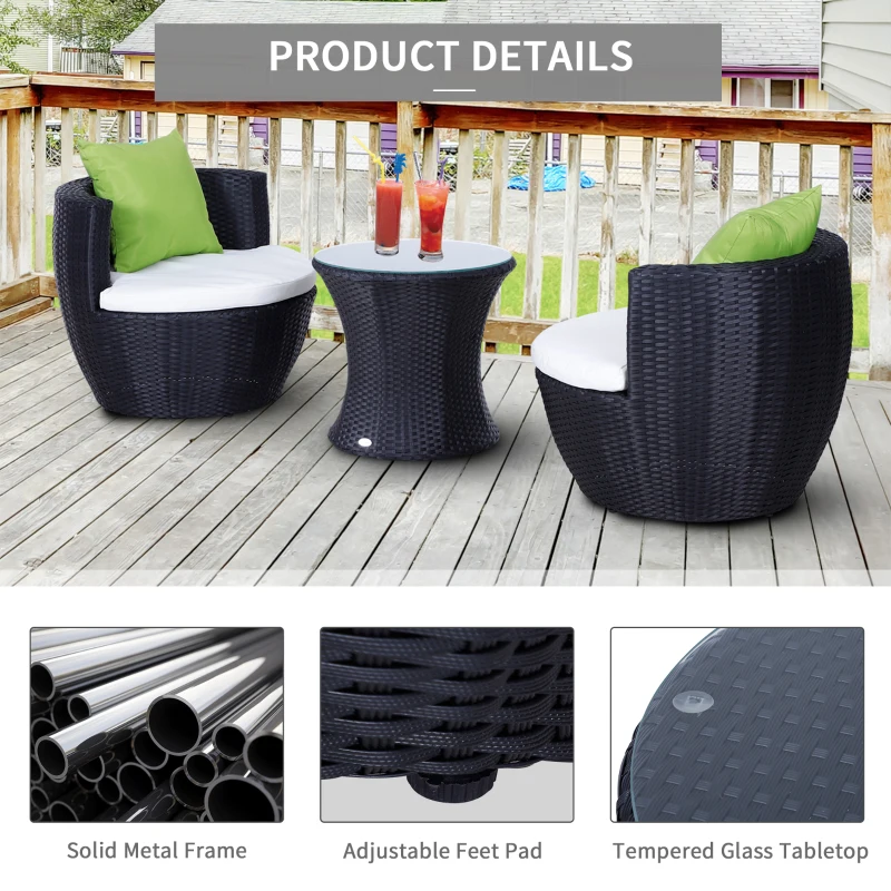 Outsunny 3-Piece Outdoor Rattan Bistro Set, Patio Wicker Balcony Furniture, Assembled Conservatory Vase Chair Stackable Furniture Set with Cushions, Black