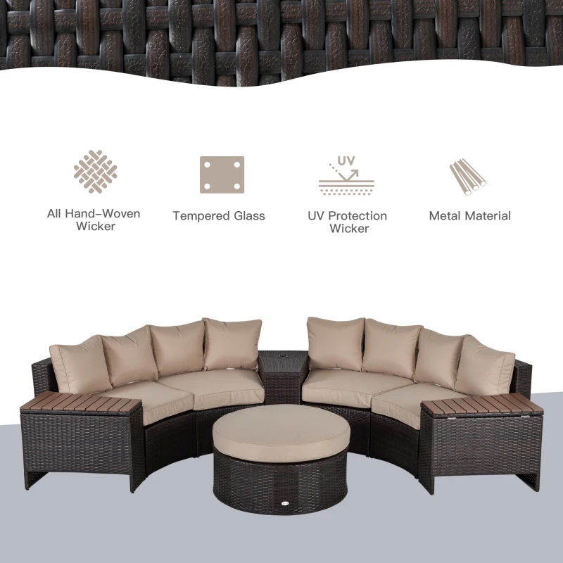 Outsunny 8 Pieces Outdoor PE Rattan Patio Sofa Set Half Round Conversation Furniture Set w/ Umbrella Hole and Two Stroage Functional Side Tables and Cushioned, Beige