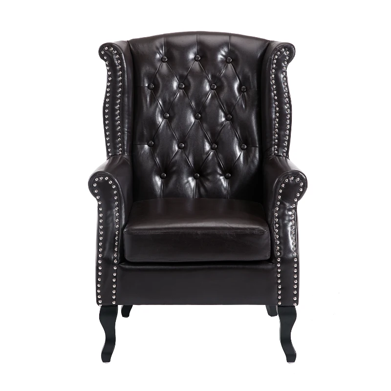 HOMCOM Antique High Back Chair PU Leather Seat Chesterfield Type Armchair Queen Anne Fireside Chair w/ Cushion (Brown)