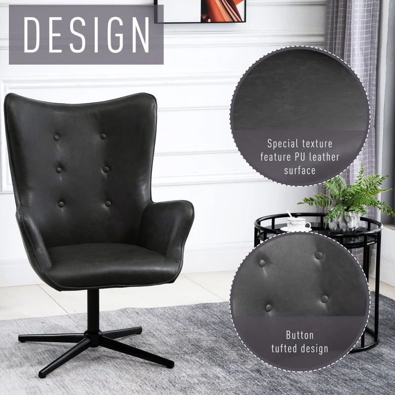 HOMCOM Retro Upholstered Swivel Accent Chair Executive Tufted w/ Metal Base Padding High Back Arms Home Office Comfort Style Seating 74L x 71W x 106H - Black