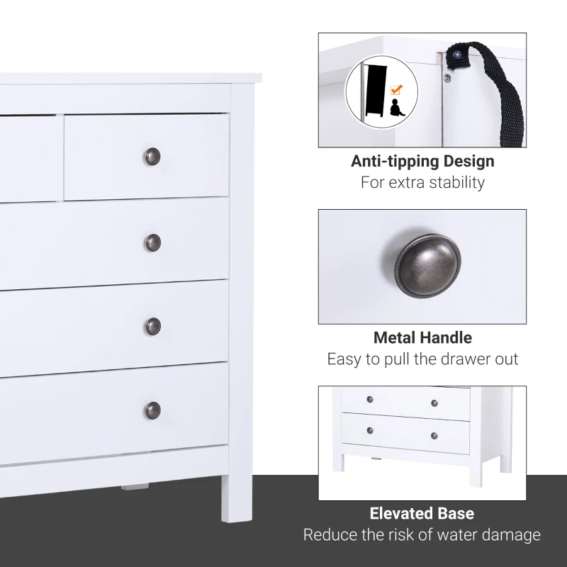 HOMCOM Modern Chest of Drawers, 5 Drawer Storage Cabinet with Metal Handles and Runners for Bedroom, White
