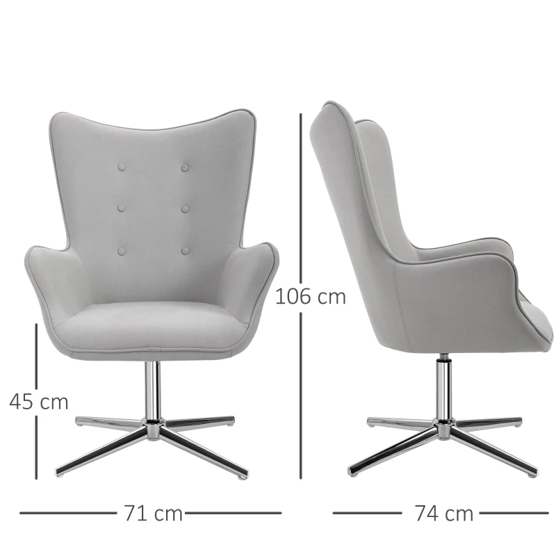 HOMCOM Retro Upholstered Swivel Accent Chair Executive Tufted w/ Metal Base Padding High Back Arms Home Office Comfort Style Seating 74L x 71W x 106H - Grey