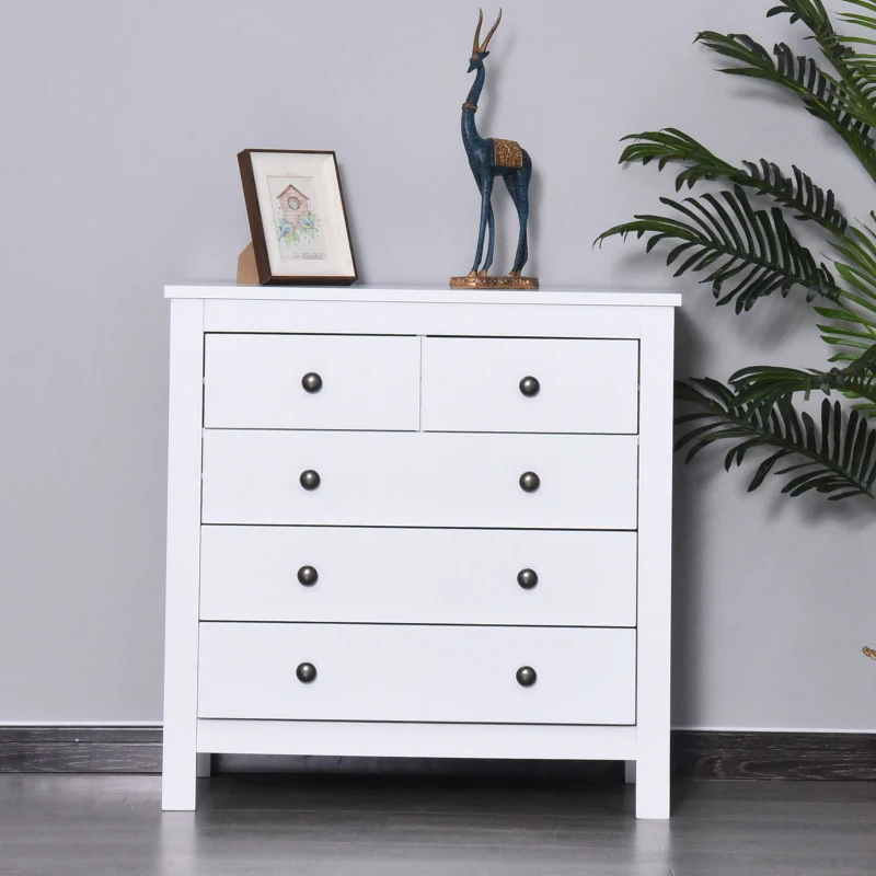 HOMCOM Modern Chest of Drawers, 5 Drawer Storage Cabinet with Metal Handles and Runners for Bedroom, White